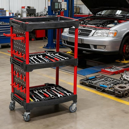 3 Tier Auto Detailing Cart with Wheels, Rolling Detail Tool Cart with 2 Hanging Plate & Hooks, Spray Bottles and Brushes for Repair Shop Car WashWax Garage, 200kg/440.92lb Capacity