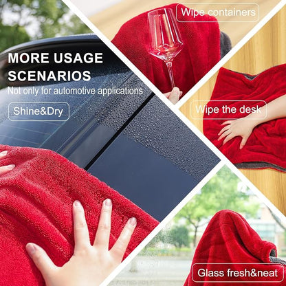 2 Pack XL Car Drying Towel – 1300GSM Ultra Absorbent Microfiber, 24"x36" Large Size, Twisted Loop, Lint-Free & Streak-Free for Auto Detailing, Car, SUV, Truck(Gray-RED)