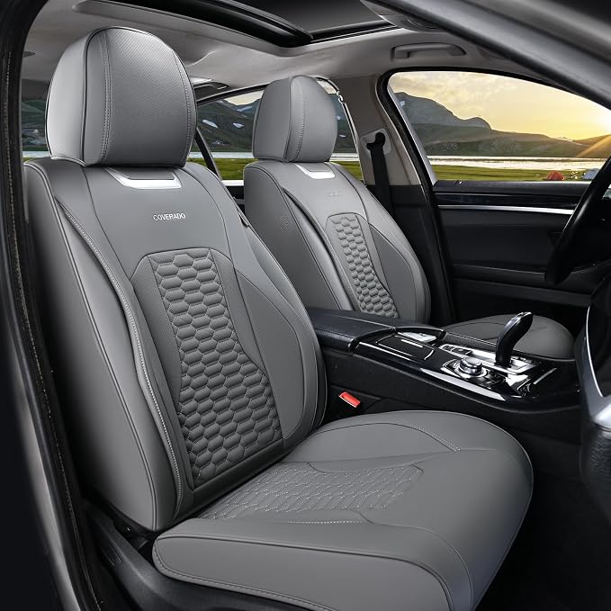 Coverado Seat Covers Full Set, Luxury Leather Car Seat Covers, Waterproof Automotive Car Seat Covers Universal Fit for Most Sedans, SUVs, Pick-up Trucks(Gray)