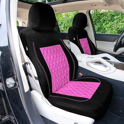 Universal Fit Diamond Stitched Flat Cloth Car Seat Covers Full Set - Pink