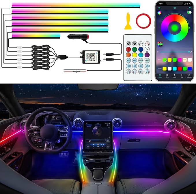 Jushope Car LED Strip Lights, Interior Acrylic LED Lights for Car with Dynamic Rainbow Dream Color Chasing, Ambient Lighting Kits Music Sync (6 in 1(4 * 29.5+43.3+14.5 inches))