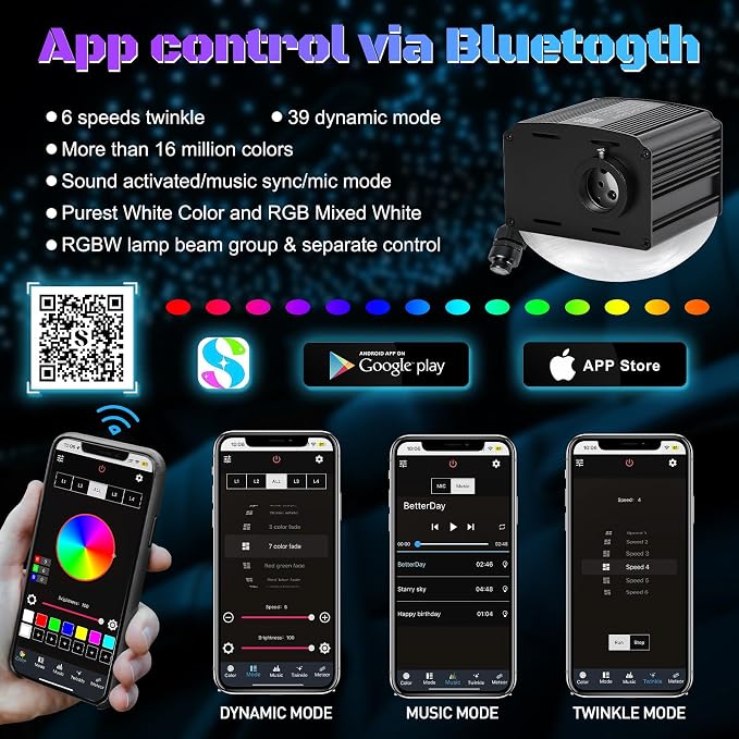 Car Starlight Headliner Kit, Twinkle & Sound Activated RGBW 16W 600pcs*0.02in*9.8ft Fiber Optic Starlight Kit with APP& Remote Controlled, Star Lights for Ceiling Car Roof/Home Decor