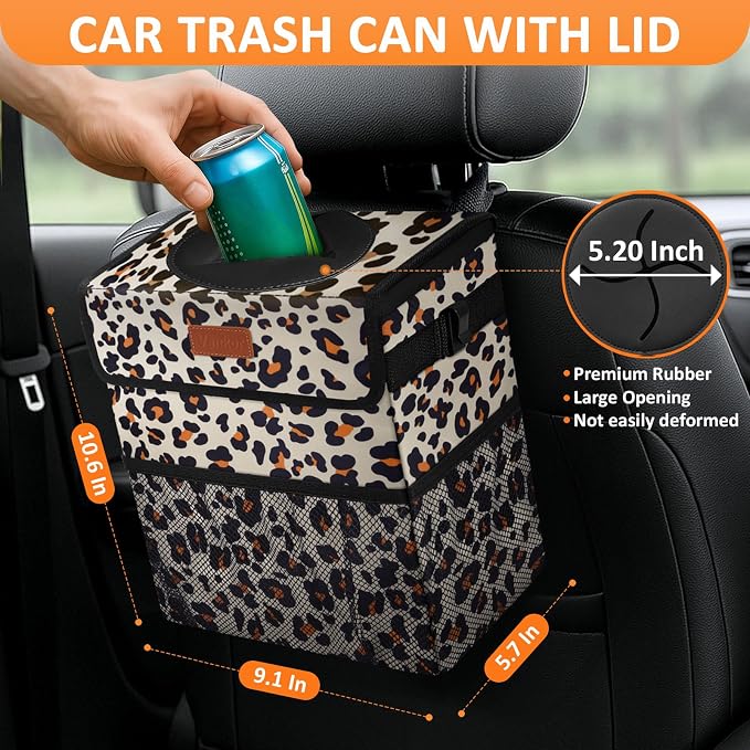 Vankor Cute Car Trash Can, Car Accessories for Women Interior Can Trash Bag Hanging Automotive Garbage Cans Leopard Pattern