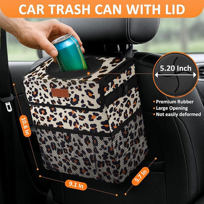 Vankor Cute Car Trash Can, Car Accessories for Women Interior Can Trash Bag Hanging Automotive Garbage Cans Leopard Pattern
