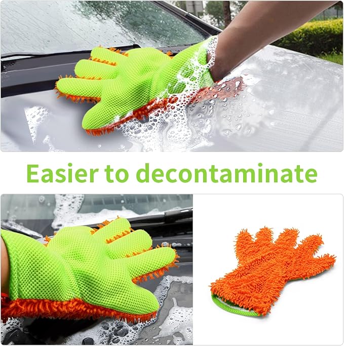 BokWin 2-Pack Car Wash Mitt Scratch Free, 5-Finger Microfiber Wash Mitts, Car Interior Exterior Cleaning Gloves, Auto Chenille Washing Sponge Kits for Cleaning Wheel Tight Spot(Orange)