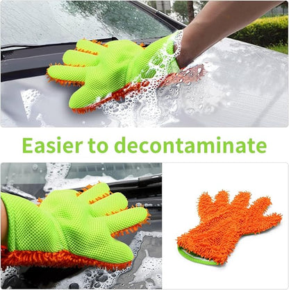 BokWin 2-Pack Car Wash Mitt Scratch Free, 5-Finger Microfiber Wash Mitts, Car Interior Exterior Cleaning Gloves, Auto Chenille Washing Sponge Kits for Cleaning Wheel Tight Spot(Orange)
