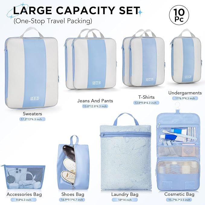 OlarHike 10-Pack Compression Packing Cubes for Travel Essentials,Compressible Expandable Packing Cubes for Suitcase,Luggage Garment Bags for Travel,Handy Helper for Organizing Clothes(Light Blue)