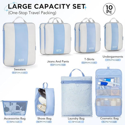 OlarHike 10-Pack Compression Packing Cubes for Travel Essentials,Compressible Expandable Packing Cubes for Suitcase,Luggage Garment Bags for Travel,Handy Helper for Organizing Clothes(Light Blue)