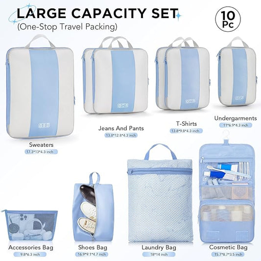 OlarHike 10-Pack Compression Packing Cubes for Travel Essentials,Compressible Expandable Packing Cubes for Suitcase,Luggage Garment Bags for Travel,Handy Helper for Organizing Clothes(Light Blue)