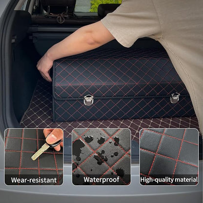 Car Trunk Organizer with Lid,Foldable Faux Leather Cargo Storage Box,3 Compartments,Collapsible Multi-Functional for SUV,Sedan,Vehicle Trunk