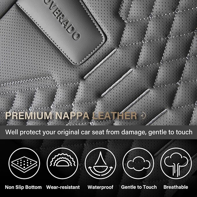 Coverado Car Seat Covers Full Set, Nappa Leather Seat Covers for Cars, 5 Seats Universal Waterproof Seat Covers, Front and Back Car Seat Protector, Automotive Seat Covers Fit for Most Cars, Gray