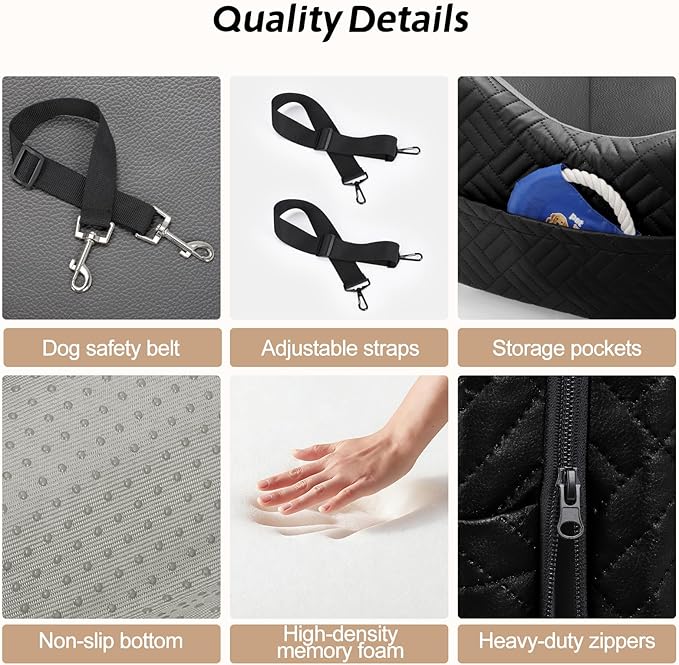 JOEJOY PU Dog Car Seats for Small Medium Dogs, Wipe Clean Waterproof Dog Booster Seat with 2.5 inch Cushion, Thickened 2 inch Memory Foam Pet Car Seats with Safety Belt and Storage Pockets