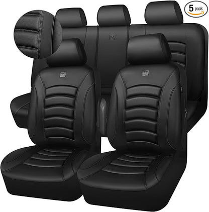 CAR PASS 3D Foam PU Leather Car Seat Covers, Universal Seat Covers Full Sets for Trucks SUV Sedan Automotive Seat Covers Armrest Airbag Compatible Waterproof Comfortable Faux Nappa Leather Pure Black