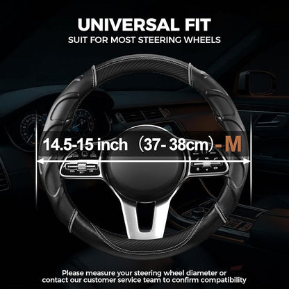 West Llama Carbon Fiber Leather Steering Wheel Cover with Anti-Slip Grip, 3D Textured Design, 14.5-15 Inch Car Steering Wheel Cover, Durable Interior Accessory (Standard Size-Black+Gray)