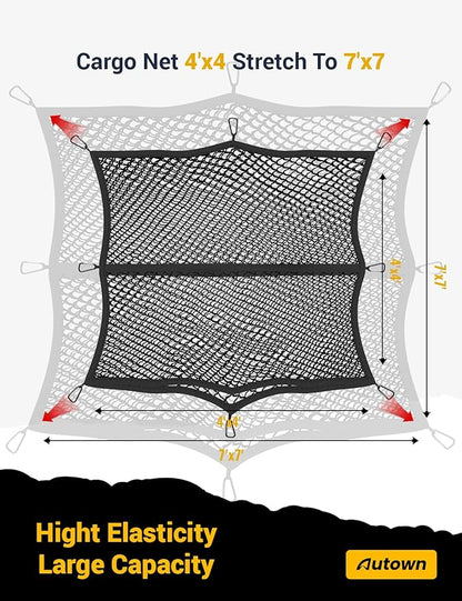 AUTOWN Cargo Net for Pickup Truck Bed - Stretchable 4'x4' to 7'x7', High Elastic Fine Mesh 1''x1'' with 8 Metal Carabiners - Ideal for ATV, SUV, UTV, Truck and Boat Use (Double Layer)