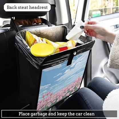 Car Trash Can Organizer Bin with Adjustable Strap for Back Front Seat Console Waterproof Leakproof Collapsible Portable 11 Inch Pink Tulip Field and Blue Sky