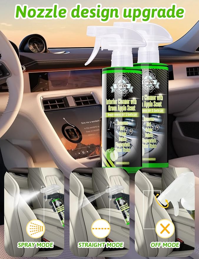 Kingvo Interior Car Cleaner, Car Seat Cleaner Cleaning Kit Carpet Shiny Stuff Deep Cleans Rubber Floor Mat Truck,Green Apple Scent