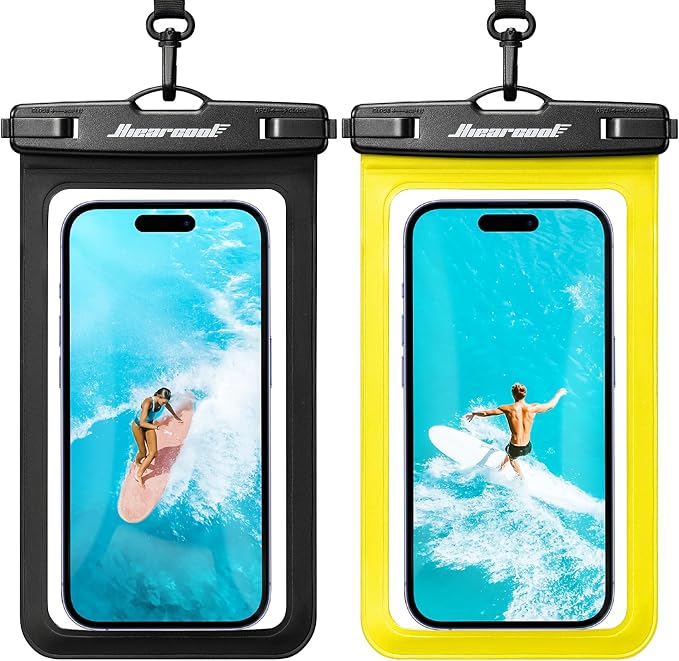 Hiearcool Waterproof Phone Pouch,Waterproof Cell Phone Dry Bag for iPhone,Universal Waterproof Case Beach Essentials for Vacation Kayak Cruise Accessories Must Haves-Black&Yellow-2Pack