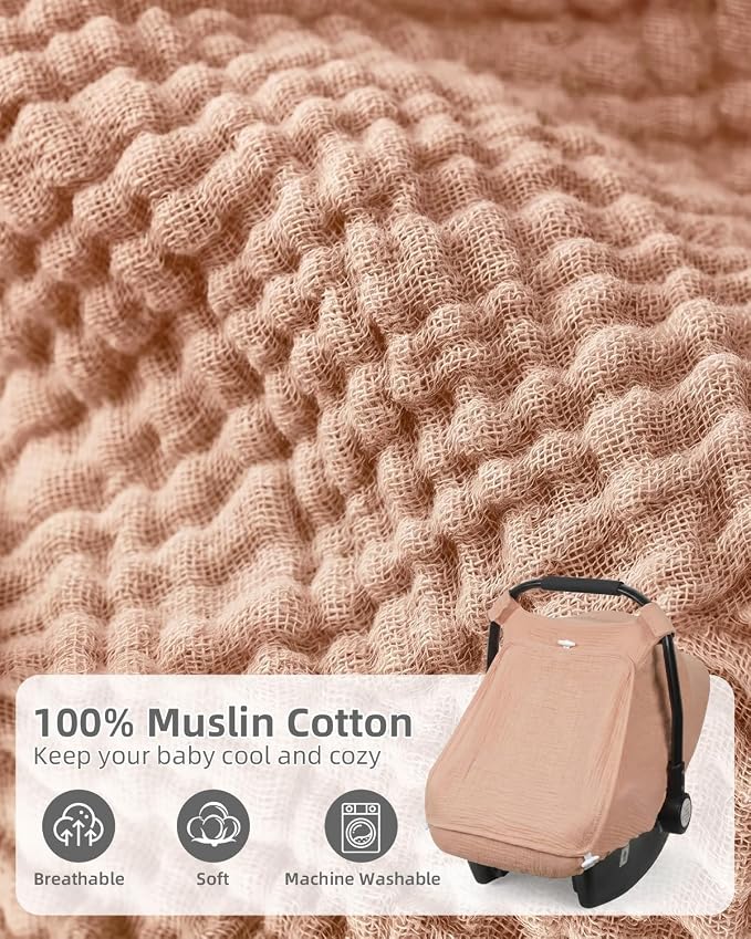 Rquite Car Seat Cover Baby Girl Boy, 100% Muslin Cotton Carseat Covers, Breathable Infant Windproof Canopy with Mesh Window, Stroller Sun Shade for Summer & Hot Day, Dusty Rose