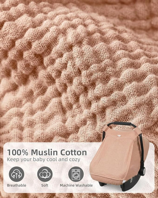 Rquite Car Seat Cover Baby Girl Boy, 100% Muslin Cotton Carseat Covers, Breathable Infant Windproof Canopy with Mesh Window, Stroller Sun Shade for Summer & Hot Day, Dusty Rose