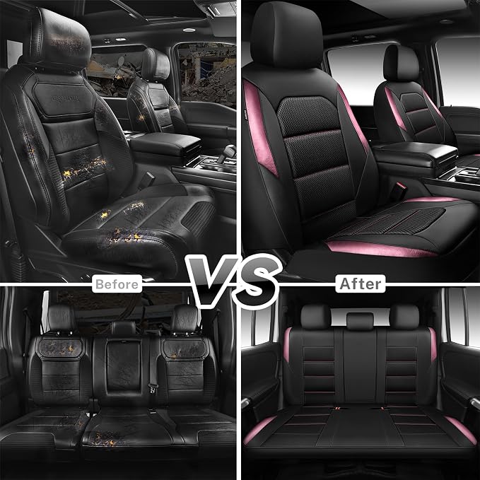 CAR PASS Memory 3D Foam Car Seat Covers Full Set, Breathable Mesh Thick Seat Covers for Car, Pink Metal Film Leather Seat Covers, Universal Automotive Comfort for SUVs Trucks, Black Pink