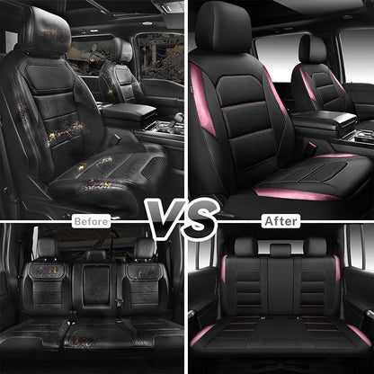 CAR PASS Memory 3D Foam Car Seat Covers Full Set, Breathable Mesh Thick Seat Covers for Car, Pink Metal Film Leather Seat Covers, Universal Automotive Comfort for SUVs Trucks, Black Pink
