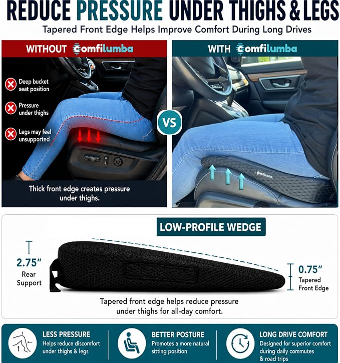 Car Seat Cushion, Extra Large Wedge Car Seat Cushion for Driving, Better Visibility, Pressure Relief Memory Foam for Sciatica & Tailbone Pain Relief, (Black Mesh)