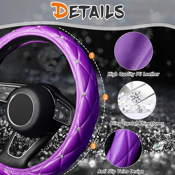 KAFEEK Diamond Soft Leather Steering Wheel Cover with Bling Bling Crystal Rhinestones, Universal 15 inch, Purple