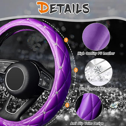 KAFEEK Diamond Soft Leather Steering Wheel Cover with Bling Bling Crystal Rhinestones, Universal 15 inch, Purple
