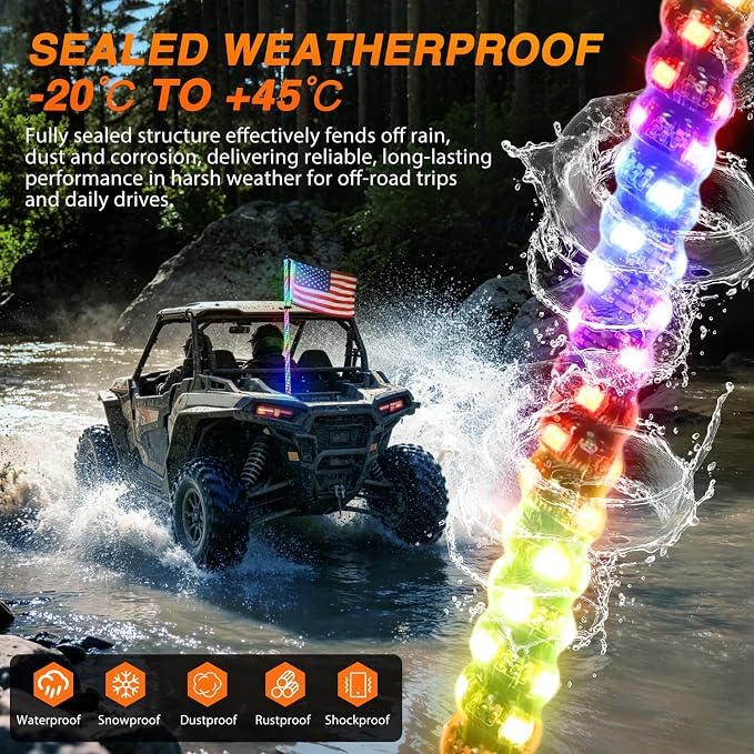 Nilight LED Whip Light 1PC 4FT Spiral RGB Antenna Whips with Spring Base, App/Remote Control DIY Chasing Patterns Brake & Reverse Lights for Side by Side ATV UTV RZR Can-Am Buggy Jeep