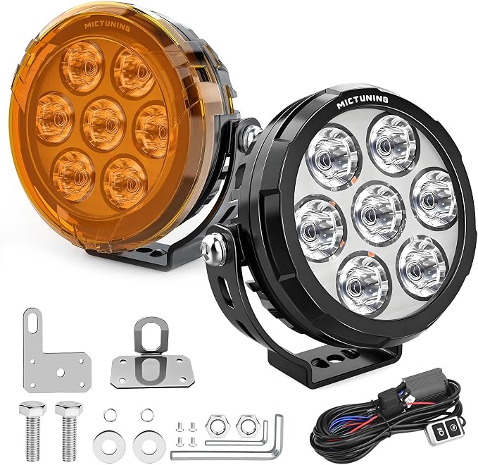 MICTUNING 4.5 Inch Round Motorcycle Driving Lights, 120W Fog Light Led Pods Offroad Work Spotlight IP68 Waterproof Wiring Harness Kit with Amber Protection Cover - Pair