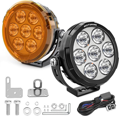 MICTUNING 4.5 Inch Round Motorcycle Driving Lights, 120W Fog Light Led Pods Offroad Work Spotlight IP68 Waterproof Wiring Harness Kit with Amber Protection Cover - Pair