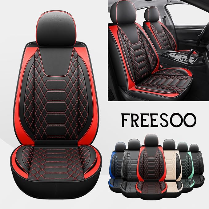 FREESOO Car Seat Covers Leather, Seat Cover Full Set Waterproof Automotive Cushion Protector Accessories Airbag Compatible Universal Fit for 5 Seats Vehicle (Black Red 8)