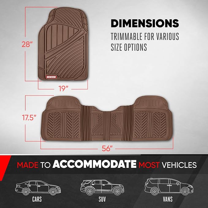 Motor Trend FlexTough Performance All Weather Rubber Car Floor Mats - 3 Piece Floor Mats Automotive Liners for Cars Truck SUV, Heavy-Duty Waterproof (Brown)