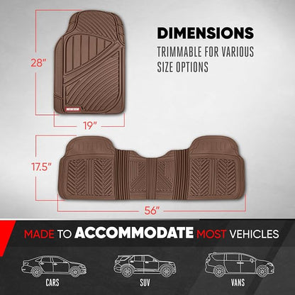 Motor Trend FlexTough Performance All Weather Rubber Car Floor Mats - 3 Piece Floor Mats Automotive Liners for Cars Truck SUV, Heavy-Duty Waterproof (Brown)