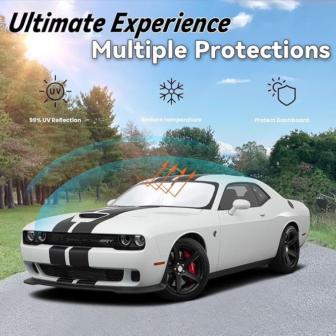 Windshield Sun Shade for Dodge Challenger 2015-2023, Car Front Window Sunshade with 240T Sun Visor Protector Blocks UV Rays Heat Sun Shield Accessories