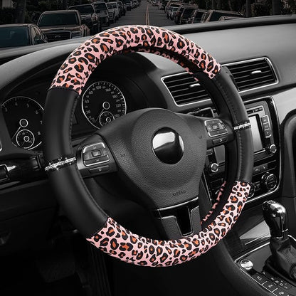 Road Comforts Leopard Steering Wheel Cover for Women, Cute Anti-Slip Microfiber Leather, Fits 14.5-15 Inch Steering Wheel 14.5-15 Inch - Black and Pink Cheetah