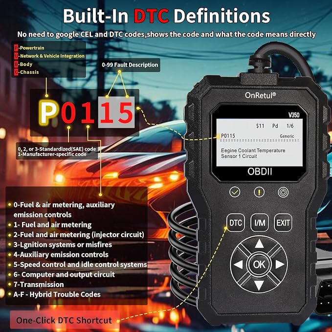 V350 OBD2 Diagnostic Diagnostic Tool Tool, Code Reader, Engine Light Diagnostic Tool, Battery Voltage Tester, for OBD2 Cars & Trucks Since 1996
