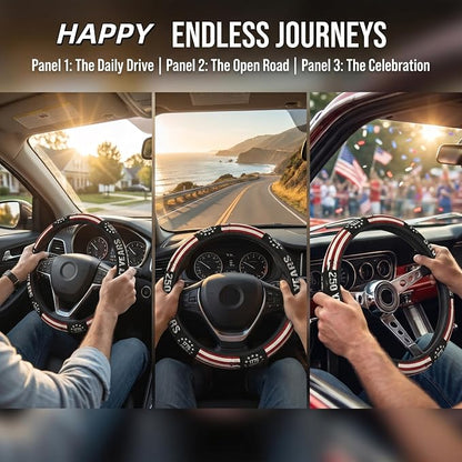 Anniversary American Flag Steering Wheel Cover 14-15 Inch +2Pc Car Coasters | Universal Anti-Slip Breathable for Men Women | Patriotic Car Accessories USA Flag Auto Interior Decor Gift