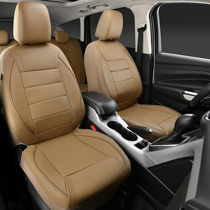 CAR PASS Piping Leather Seat Cover,Universal FIT with Composite Sponge Inside,Airbag Compatible and Reserved Opening Holes,Inside zipper for Cars,Sedan,SUV,Truck(Full Set,Beige with Tan Piping-Stripe)