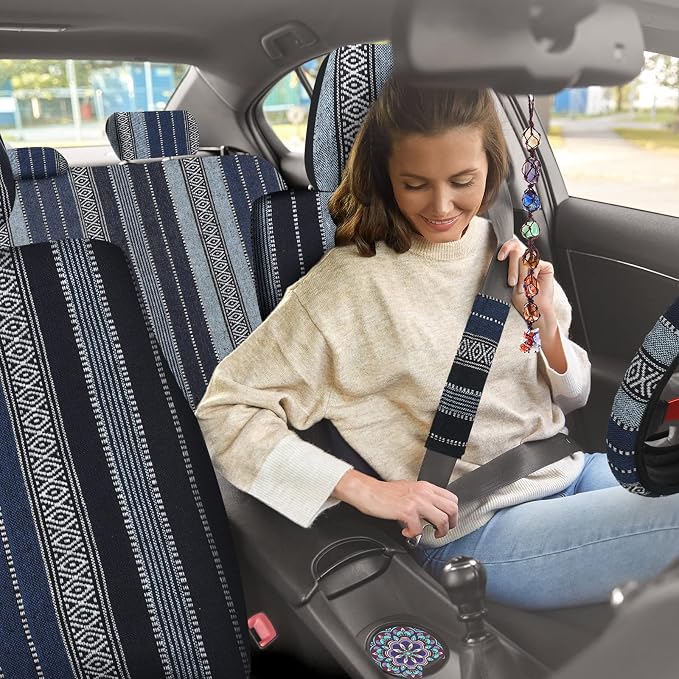Frienda Baja Saddle Blanket Car Seat Covers Full Set Multicolor Stripe Boho Steering Wheel Cover Seat Belt Pads Crystal Hanging Ornament Automotive Interior Universal Fit Most Cars (Retro Style)