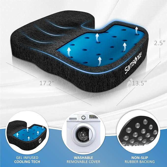 Samsonite Gel Infused Seat Cushion – Ergonomic Cushion for Office Chair, Tailbone Pressure Pad, Coccyx Support for Sciatica, Memory Foam Seat for Car, Desk, or Gaming Chair Use, Black