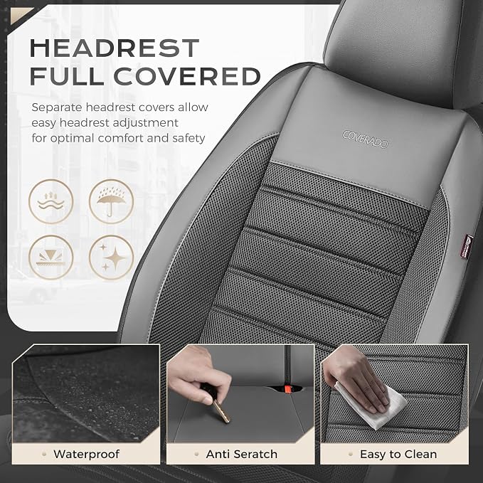 Coverado Car Seat Covers Front Seats, Luxury Leather Car Seat Covers, Automotive Mesh Seat Covers 2 Pack, Airbag-Compatible, Black Gray Seat Covers for SUV Sedan Truck