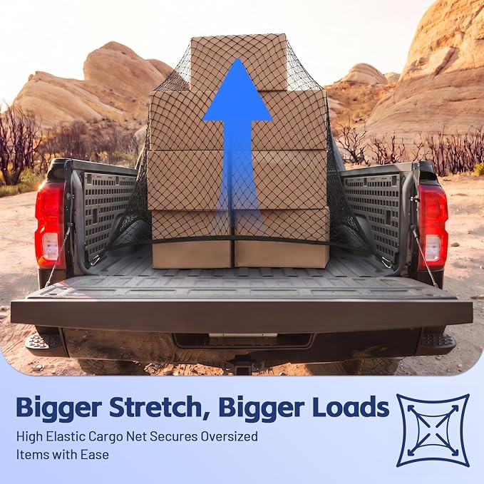 Cargo Net for Ford F-Series 2015-2026, Nissan Titan 2016-2024 | Heavy Duty Truck Bed Organizer, Highly Elastic Tailgate Net with Carabiners, Weatherproof Mesh Cover with Attached Zipper Bag