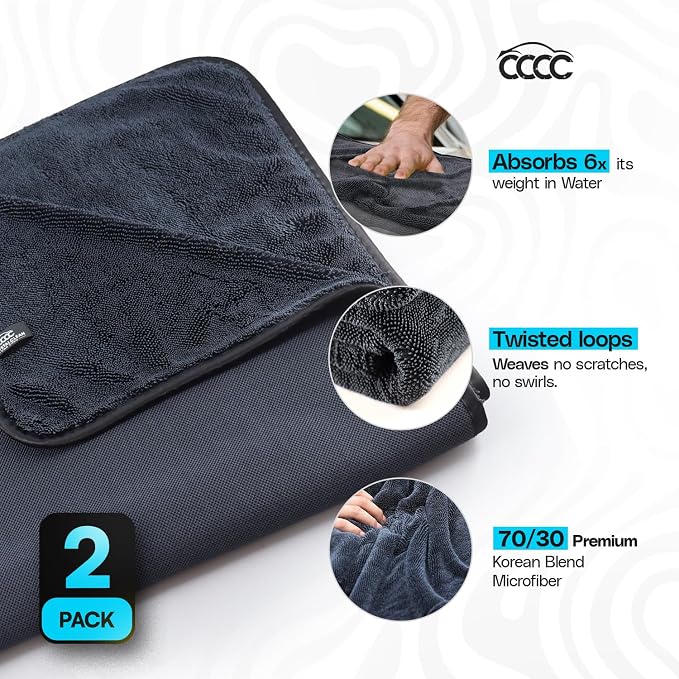 Crystal Clean Single-Sided Pack of 2 XL (28x36) Car Drying Towel – Korean Microfiber Towel with Double Twisted Loop, Professional Drying Towel for Car Detailing - Quick Dry, Paint Safe & Swirl-Free