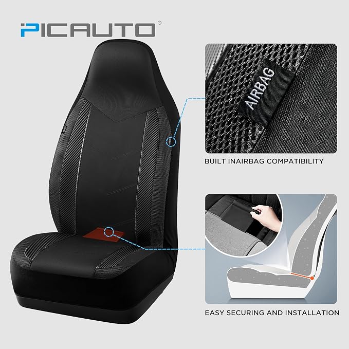PIC AUTO Car Seat Covers, High-Back Full Set Automotive Seat Covers, Front and Rear Bench - Sports Carbon Fiber Mesh Design, Universal Fit for Most Cars, SUVs, Trucks, Airbag Compatible (Gray)