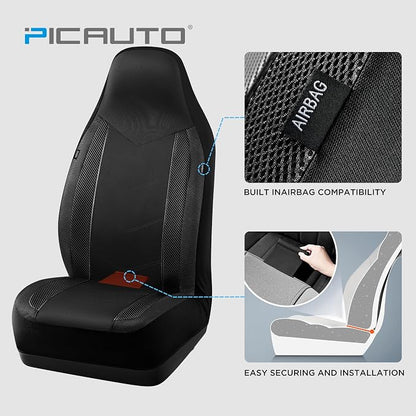 PIC AUTO Car Seat Covers, High-Back Full Set Automotive Seat Covers, Front and Rear Bench - Sports Carbon Fiber Mesh Design, Universal Fit for Most Cars, SUVs, Trucks, Airbag Compatible (Gray)
