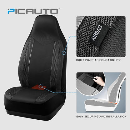 PIC AUTO Car Seat Covers - High Back Front Sports Carbon Fiber & Mesh Design Seat Covers, Automotive Seat Covers, Universal Fit for Most Cars, Airbag Compatible (Black)