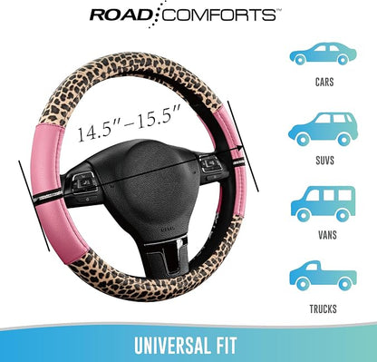 Road Comforts Leopard Steering Wheel Cover for Women, Cute Anti-Slip Microfiber Leather, Universal Fit 14.5-15 Inch Round Steering Wheel - Pink