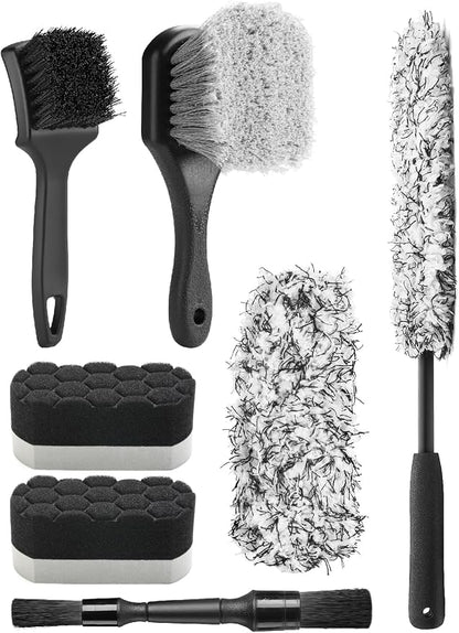 Fantasticlean 7PCS Car Wheel Brush Kit, Tire Brush for Car Owners & Auto Detailers, Soft-bristled Rim Brush, Flat Wheel Brush, Double-Ended Detailing Brush and Pads for Home Shop, Cars Trucks RVs